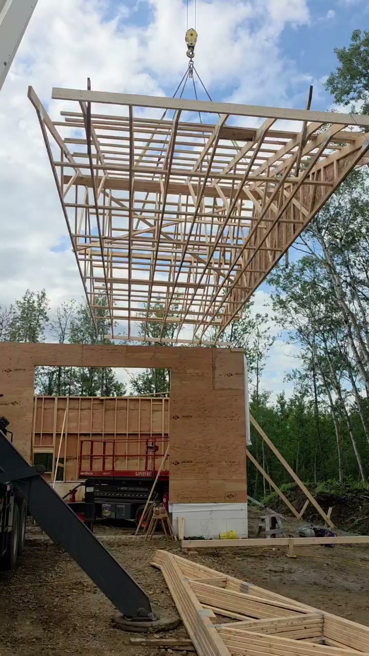 Roof truss craned into place